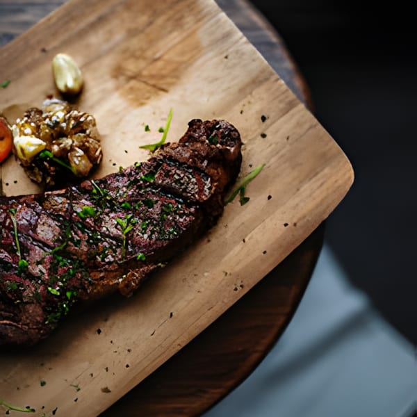 Grilled steak with herbs, roasted garlic, and potatoes on a wooden board at BAITONG Thai & Sushi Bar.